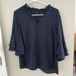 Ann Taylor Blue and White Ruffled Flutter Sleeve Blouse